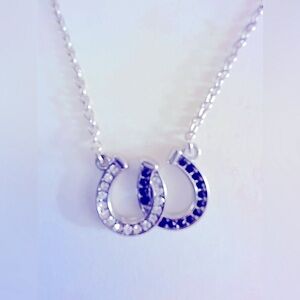 Necklace Earrings Lucky Horseshoes blue white rhinestones 18” Silver chain